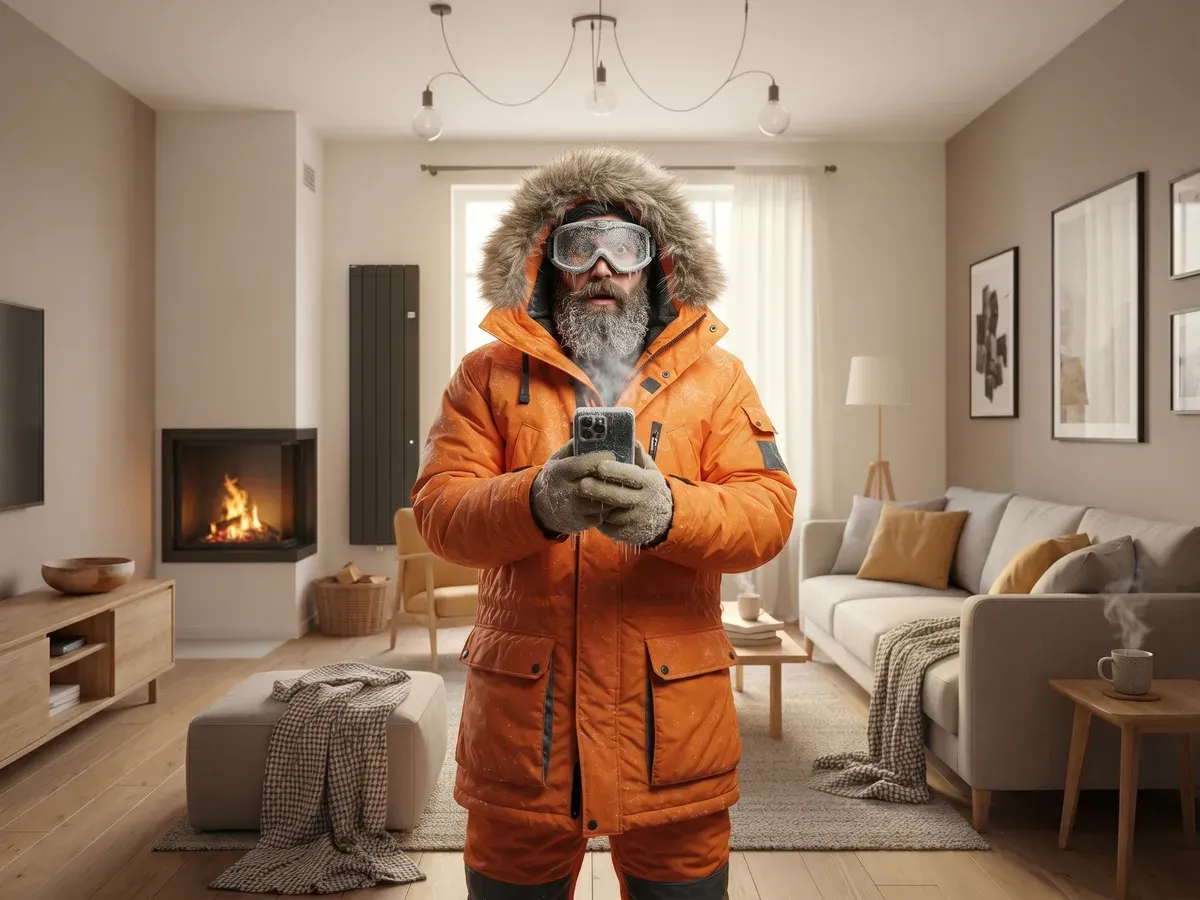Personne équipée pour le grand froid dans un salon chaleureux pilotant ses radiateurs Eco Chaleur depuis son smartphone