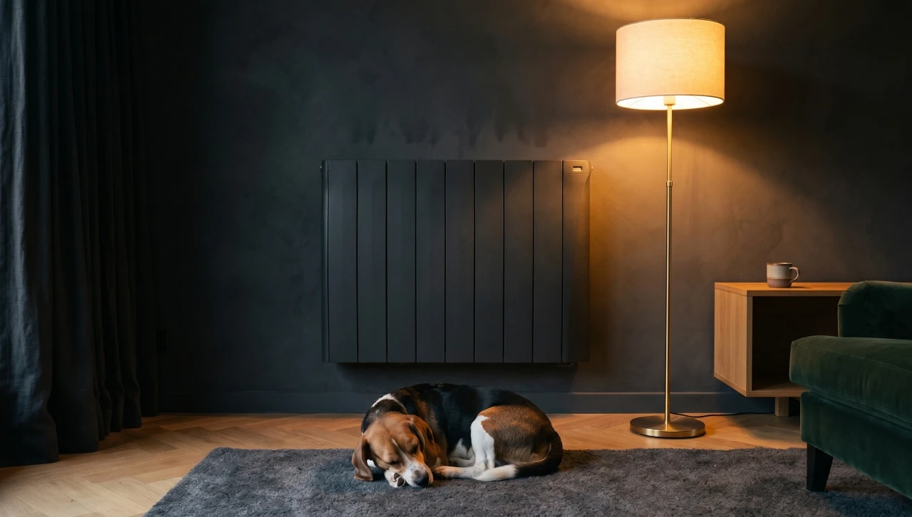 Beagle endormi pelotonné au pied d'un radiateur électrique Eco Chaleur en pierre stéatite anthracite, dans un salon belge contemporain à l'ambiance tamisée du soir
