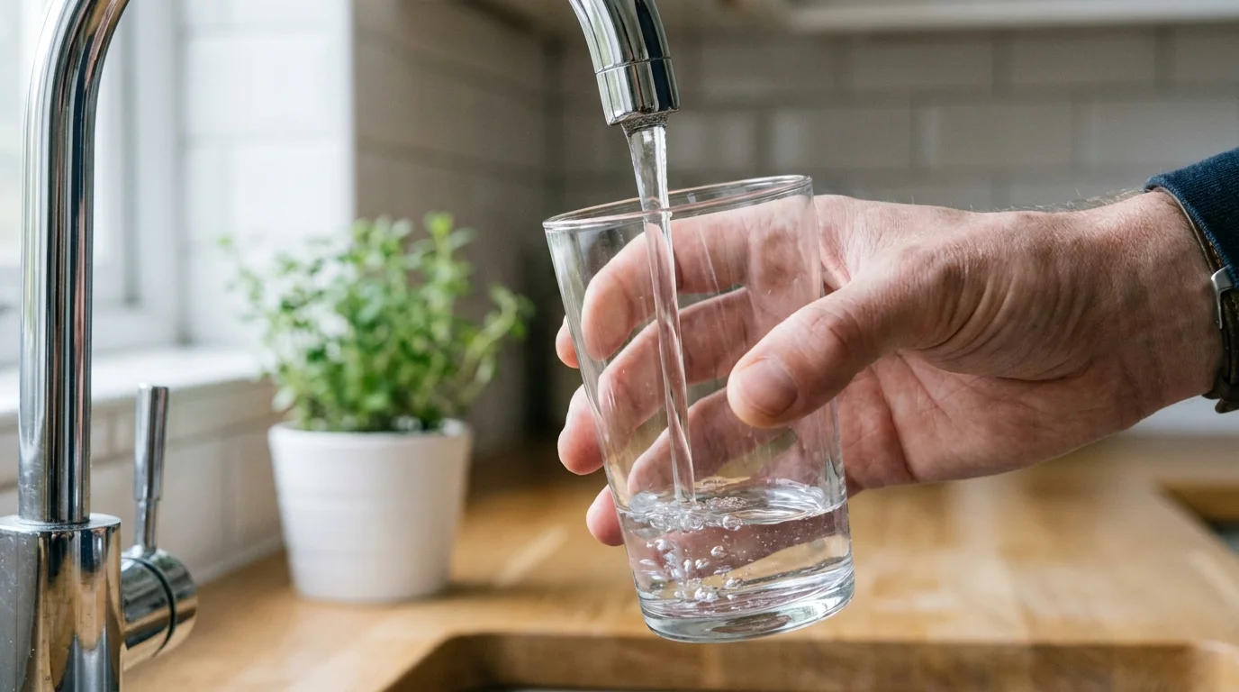 Verre d'eau cristalline rempli au robinet chromé, eau parfaitement claire