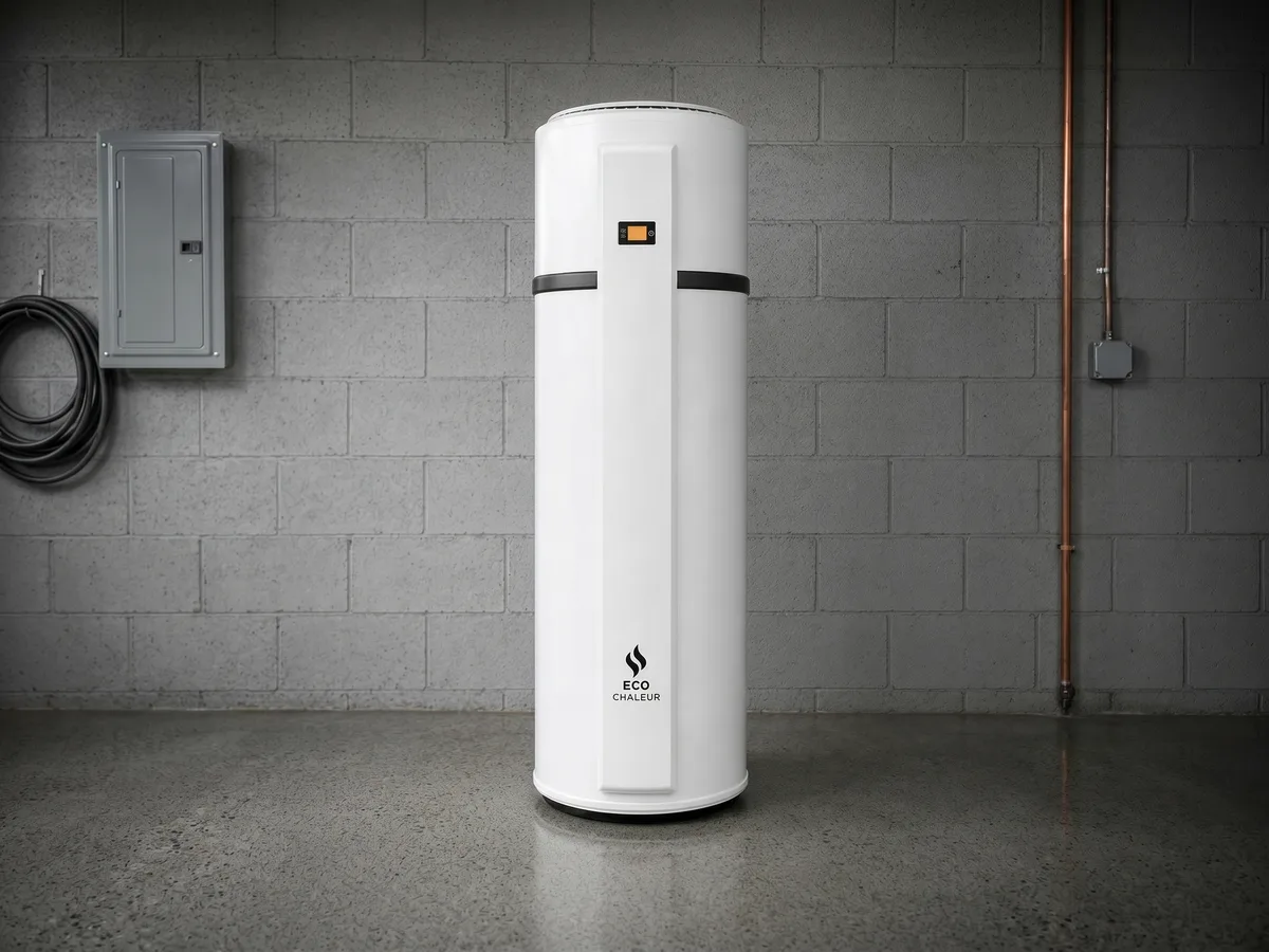 Ballon thermodynamique blanc Eco Chaleur dans un garage contemporain belge